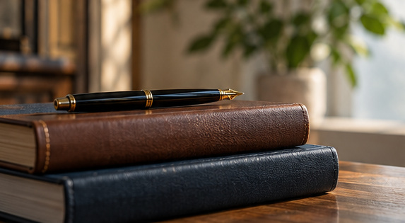 Illustrative image of leather-bound books and a pen on a desk