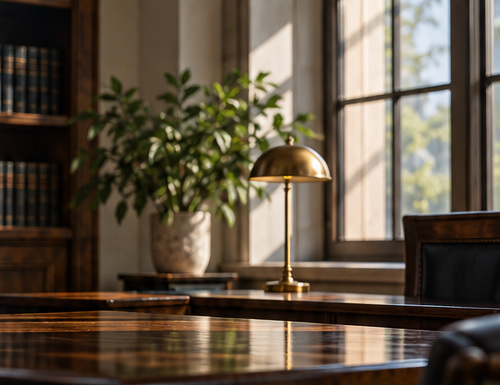 Illustrative image of a wood-panelled study with a desk and window light