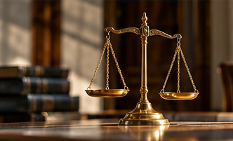 Illustrative image of brass scales on a desk