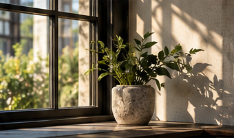 Illustrative image of a potted plant by a window